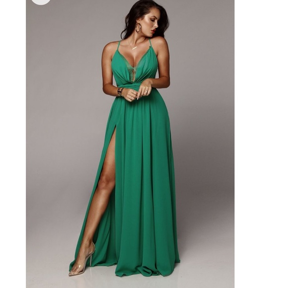 NWT JLUXLABEL Kelly Green Chiffon + Lace Maxi Dres - Picture 2 of 15